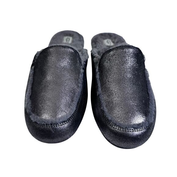 UGG Slippers 11 Lane Metallic Gunmetal Suede Fur Lined Sheepskin Loafer Mule - Picture 3 of 13